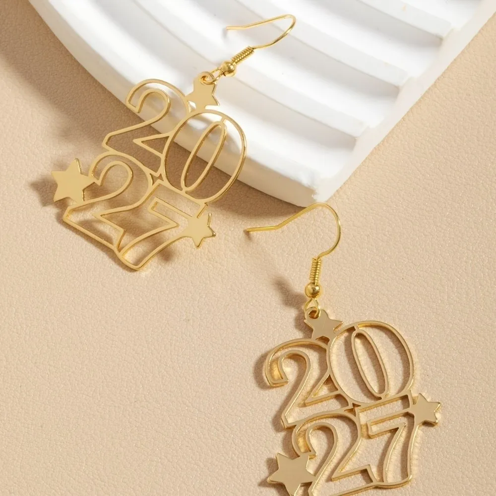 Elegant 2027 Digital Earrings Long Drop Metal Iron Happy New Year Earrings Star Design Hollowed-out Fashion Stud Earrings Daily