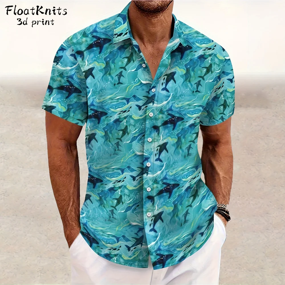 

Hawaiian-Style Resort Shirt Lapel T Shirt for Man Summer New Shark Pattern Shirts for Men Hawaiian Shirt Man Casual Loose Tops