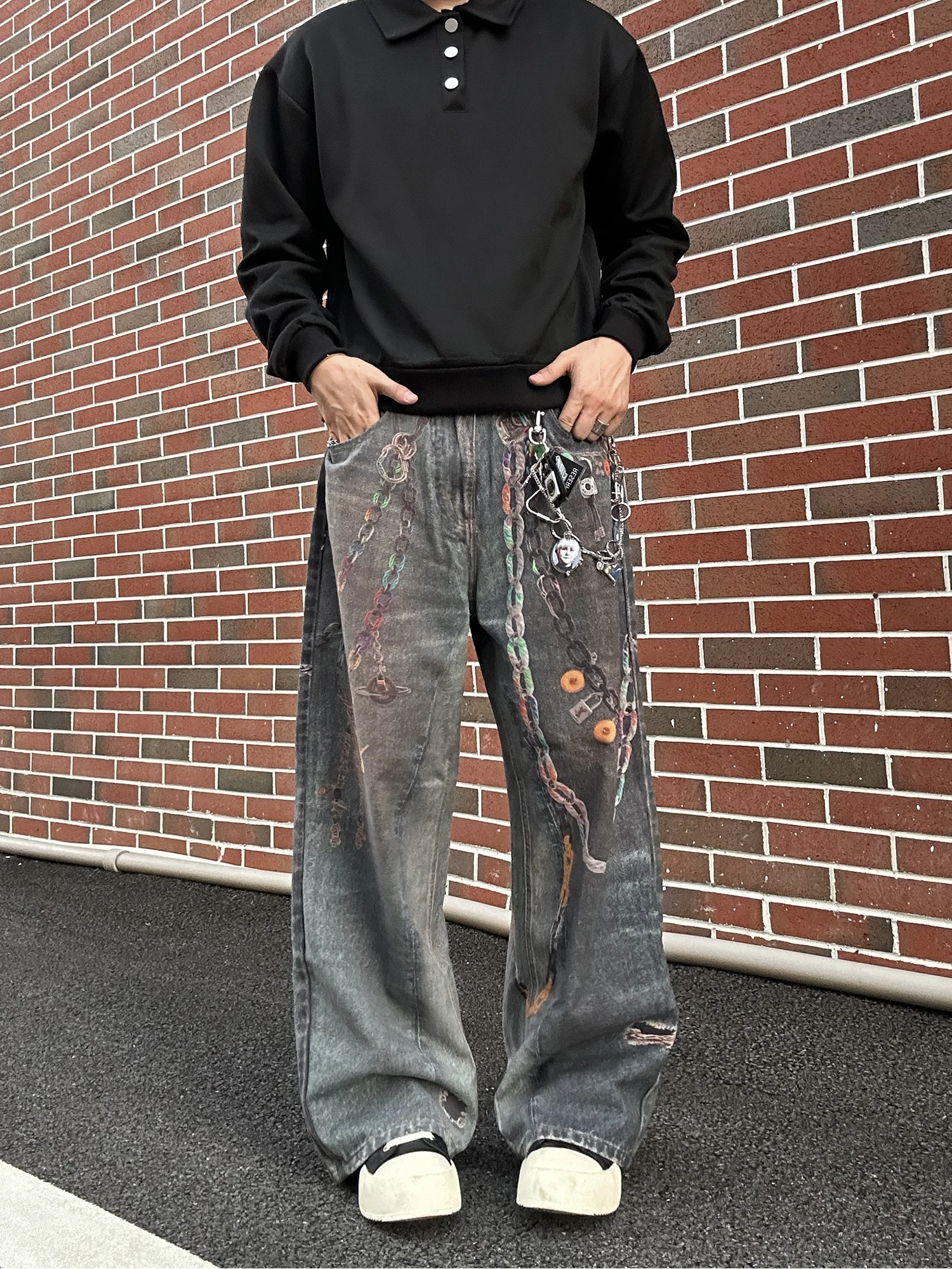 

Джинсы с цифровым принтом Candy Chain, свободные, прямого кроя, в стиле High Street, для мужчин и женщин, с низкой посадкой, из хлопка, повседневные брюки