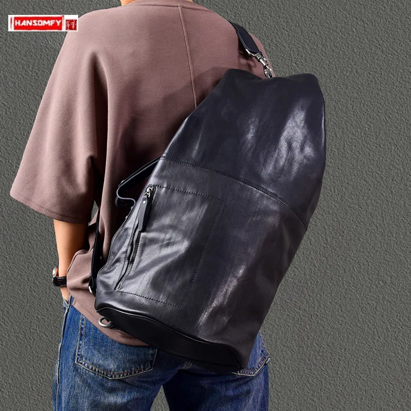 Large Capacity Genuine Leather Men Handbags Shoulder Backpack Crossbody Bucket Bag Motorcycle Baotou Layer Cowhide Travel Bags