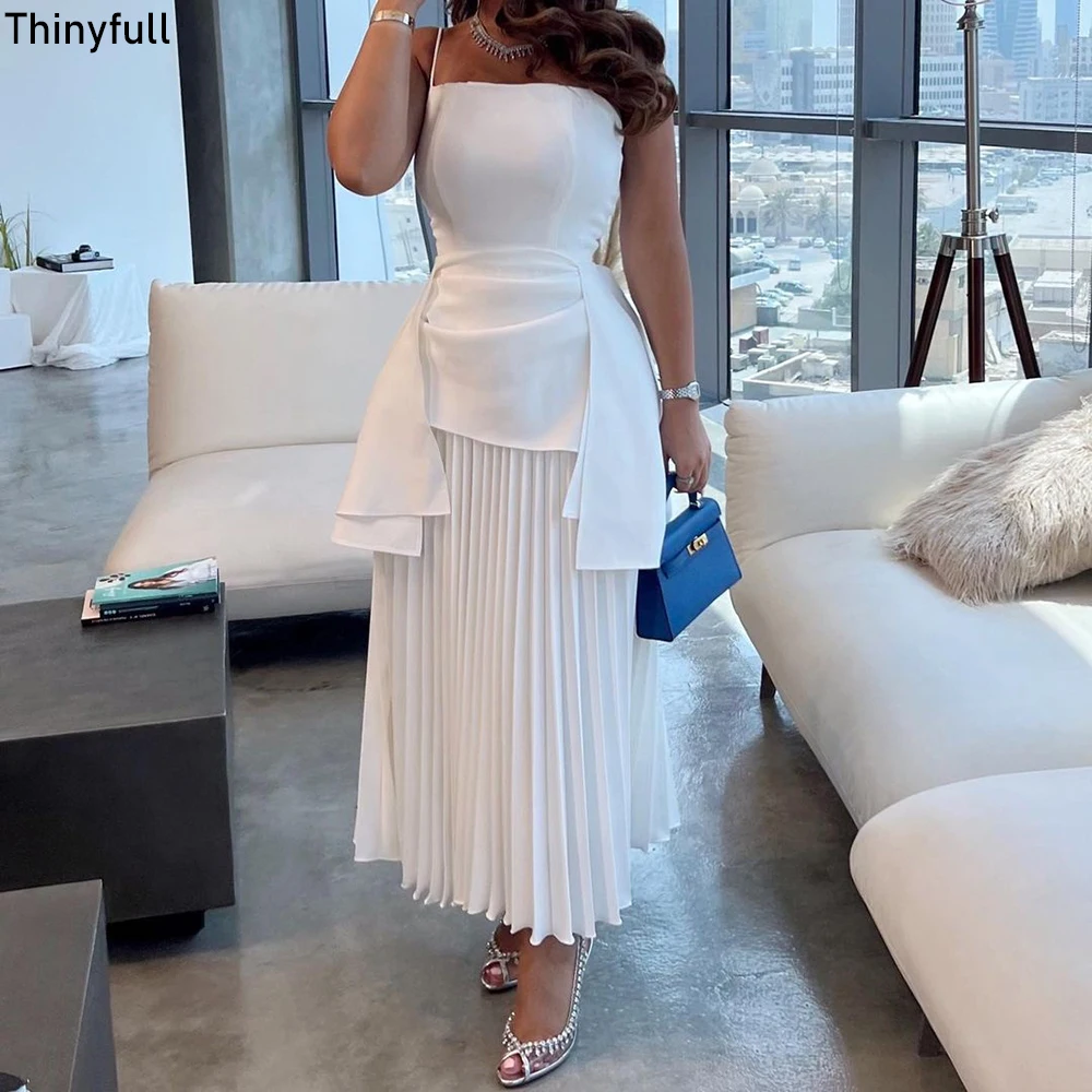 Thinyfull Saudi Arabia White Prom Dresses A-line Spaghetti Straps Sleeveless Evening Party Gown Tea-Length Formal Occasion Dress