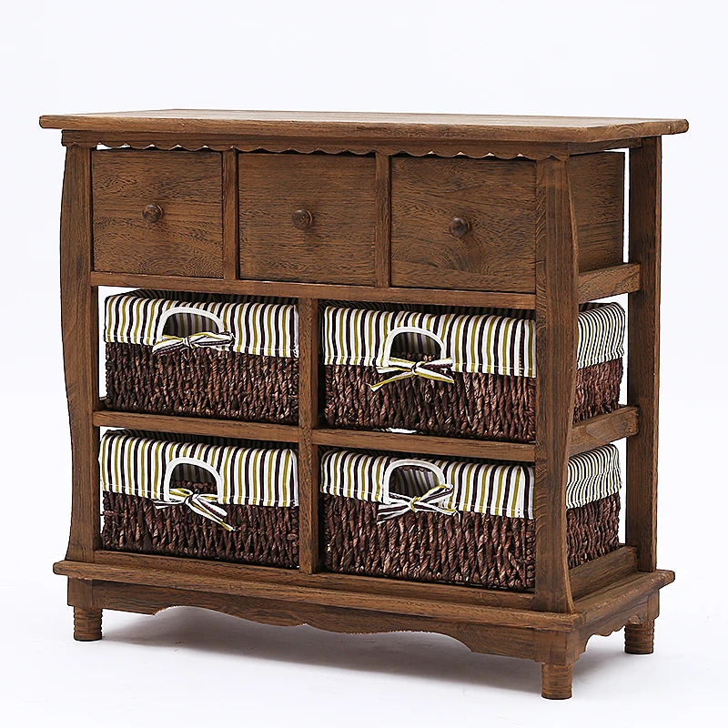 

Pastoral bedside table Living room LCD TV cabinet Solid wood bedroom rattan frame Bedside table Multi-drawer storage chest