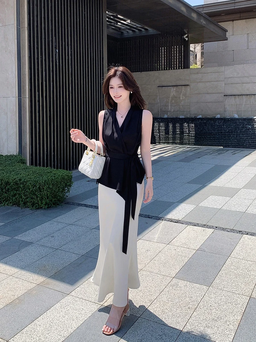 

Ms.Daoge Svel V-Ne irt Women's Slim Fit Belted Waist Design Summer High-End Feelings Commute Sle Polyester Fiber