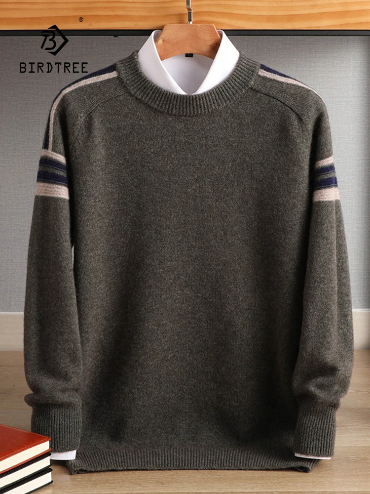 

Birdtree 100%Wool Casual Sweater 2023 Autumn/Winter Men Autumn Casual Large Size Loose Versatile Underlay Knit Sweater T3N674QC