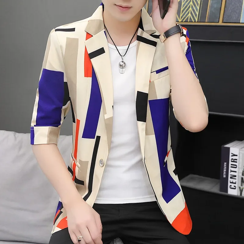 

HOO 2024 Men's Floral Print Mid-Length Sleeves Slim-Fitting blazer