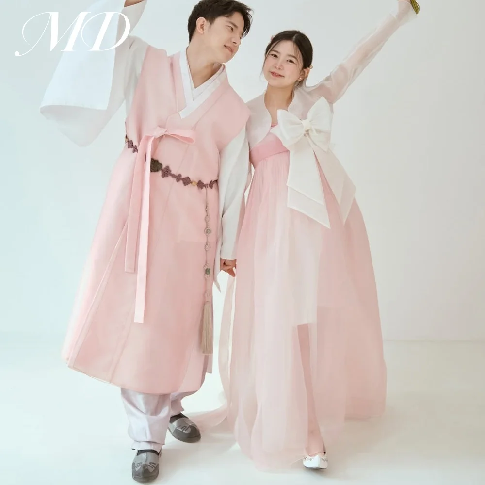 

MD Big Bow Pink A Line Hanbok Long Sleeve V-Neck Wedding Dress Korea PhotoShoot Bridal Gowns Customised Formal Party Dress 2025