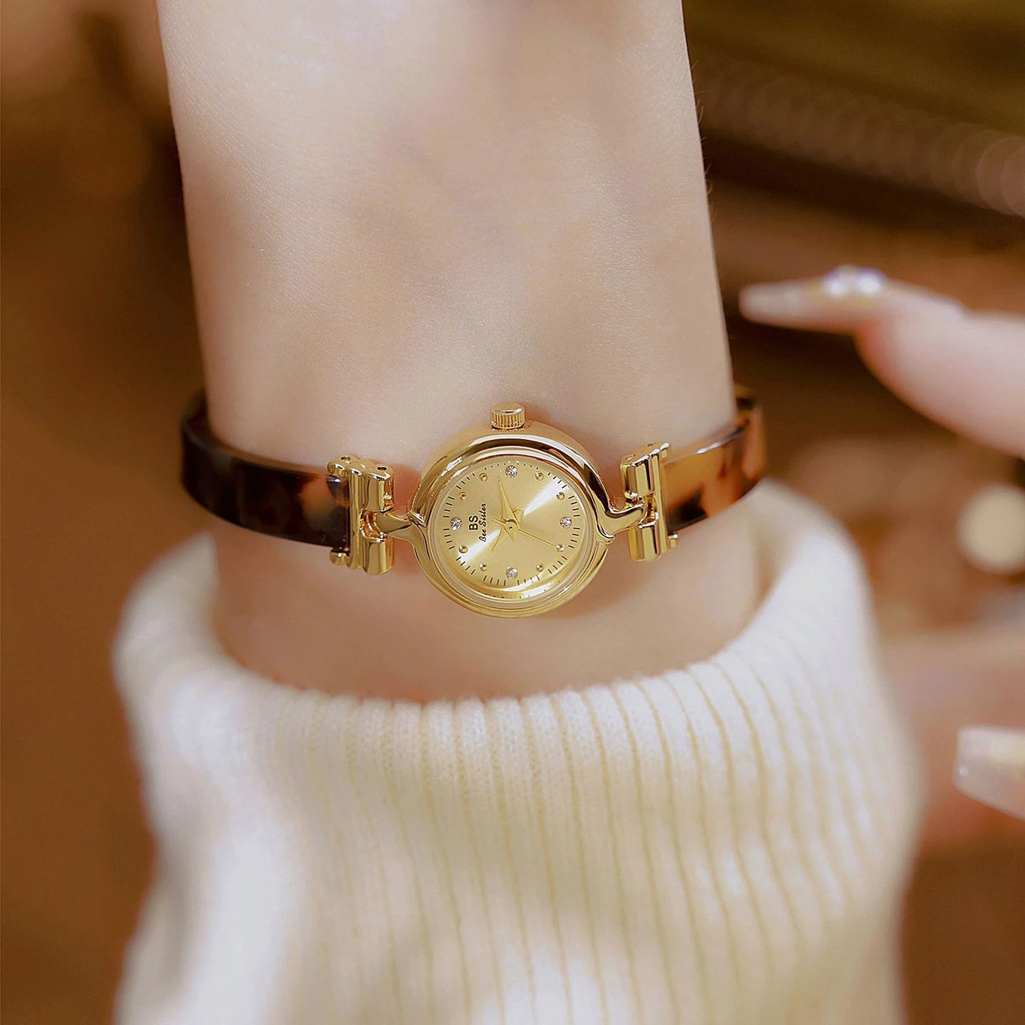 BS Элитный бренд, женские винтажные часы, платье, кварцевые часы, браслет из янтарной смолы, часы-цепочка, подарки для женщин