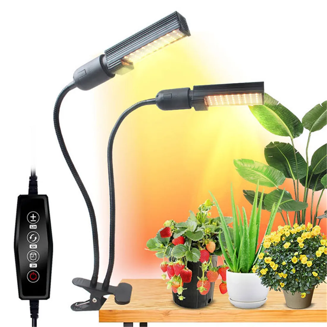 

Black 2 heads 10W LED Grow Lights Full Spectrum Clip Plant Growing Lamp with 5 Dimmable Brightness Auto On Off Timing 3 6 12H