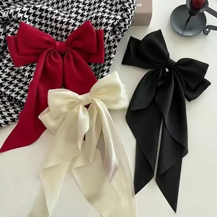 6 Solid Color Satin Ribbon Big Bows Hairpin Spring Clips Hair Accessories for Women Girls Trendy Korean Summer Headwear 2024