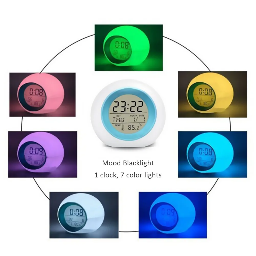 7 Colors Changing LED Alarm Clock Touch Control Temperature Display Multifunctional Desk Clock with Sleep Sounds Round Shape