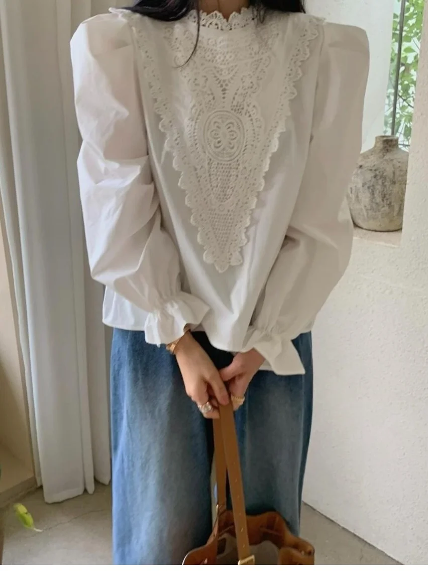 Coreano Sle Dolce Patchwork con volant Camicetta versatile Faion da donna Primavera Autunno Inverno Abbigliamento interno casual Vestibilità regolare