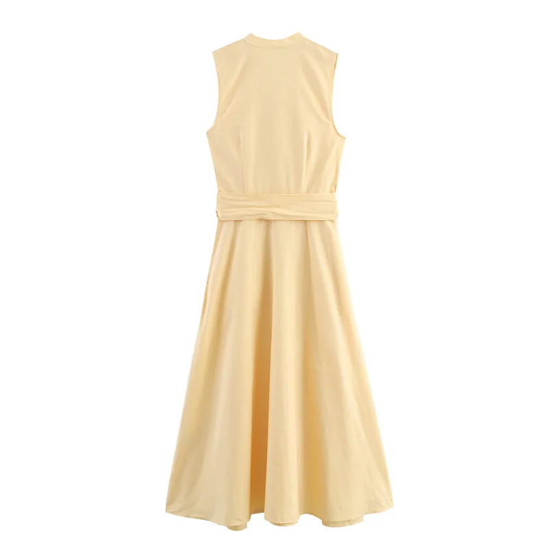 فستان نسائي صيفي مع حزام بدون أكمام فساتين متوسطة الطول بطيات غير رسمية سادة على شكل حرف A ملابس ركاب أنيقة فستان للسيدات
