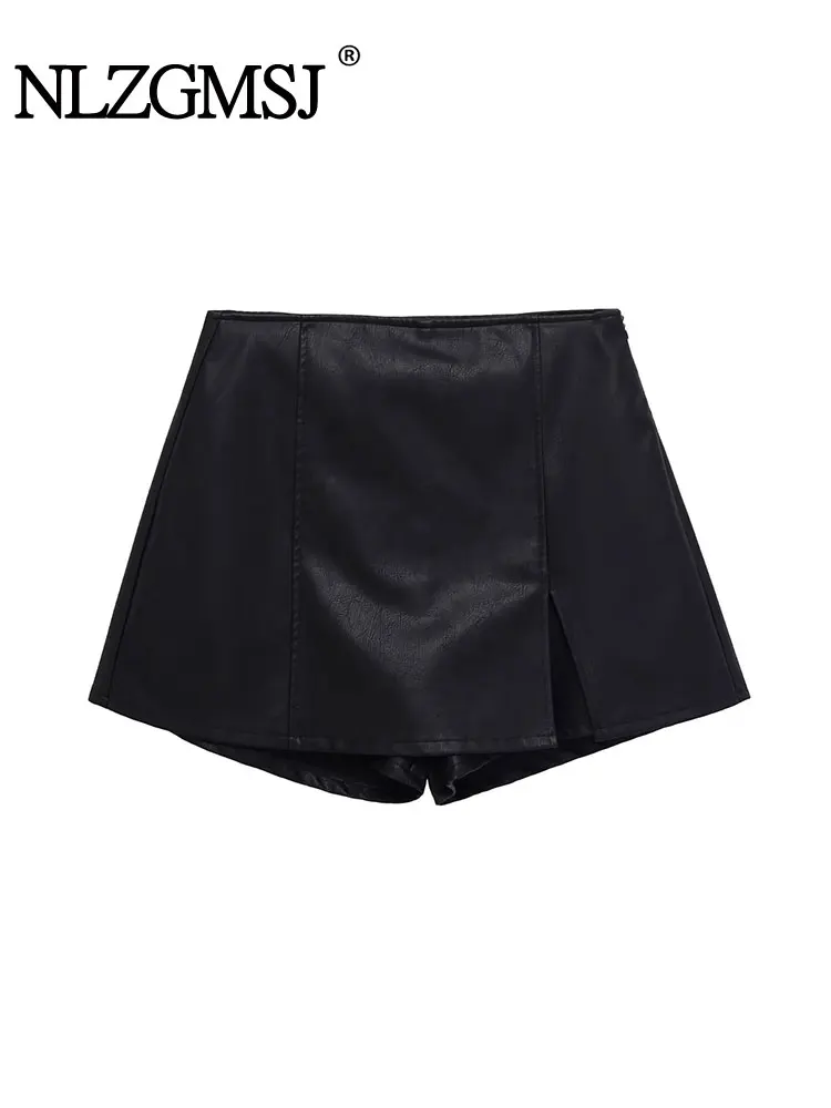 Nlzgmsj Herfst Casual Chic Mini Shorts Rok Vooraan Split Hoge Taille PU Shorts Damesmode Streetwear Herfst Shorts