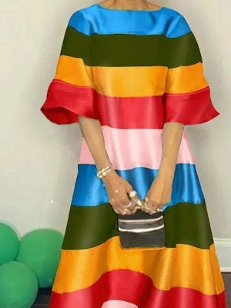 Wmstar 2025 New Women Fashionable Elegant Dress Printing Stripes Color Matching A line Dress Short Sleeveless O Neck