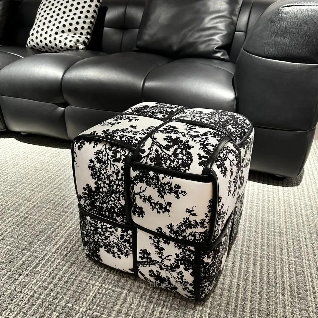 Mid-Century Vintage Cube Stool for Hallway, French Jungle Style Shoe Bench for Living Room, Light Luxury Accent