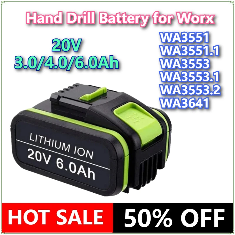 

Brand New Replacement Battery for Worx 20V 3.0/4.0/6.0Ah WA3551 WA3551.1 WA3553 WA3553.1 WA3553.2 WA3641 Series Hand Drill Batte