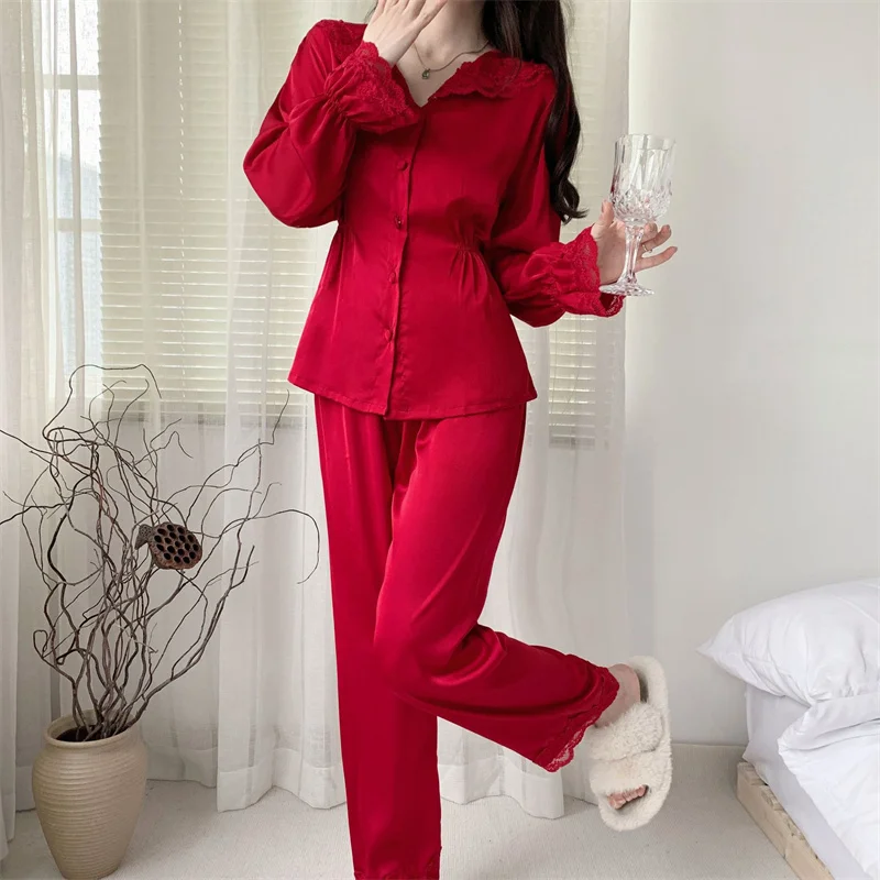 Spring Summer Pajamas Two-Piece Set New Women Thin Silk Satin Sleepwear Trouser Suit Casual Sweet Trouser Suits Pijamas Homewear