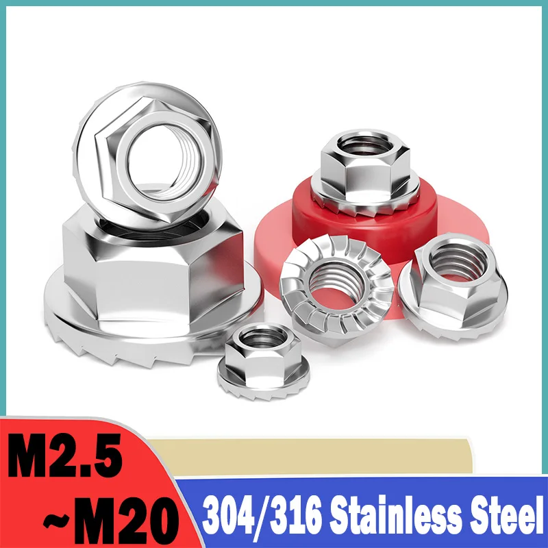 304/316 Stainless Steel Serrated Spinlock Hexagon Flange Nuts M2.5~m20 Flange Left Hand Reverse Nuts For Assembling Andfastening