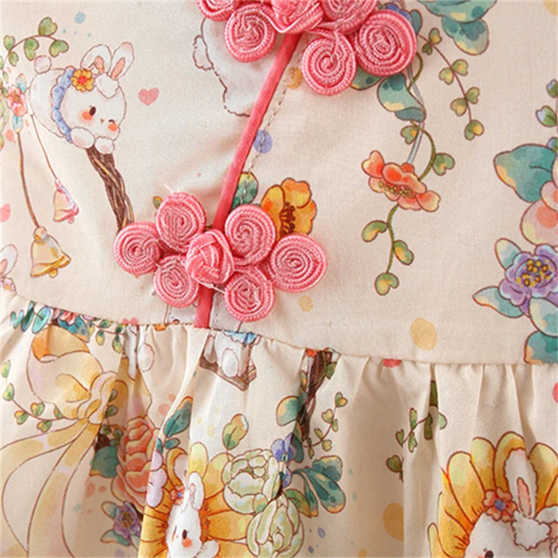 0-4 Years Old Chinese Style Baby Girl Dresses Adorable Rabbit Children Dresses Unique Button Kid Clothes Fashion Toddler Costume