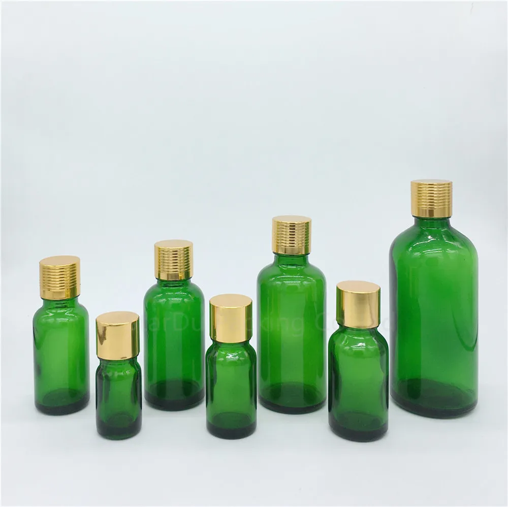 100 unidades 5ml/10ml/15ml/20ml/30ML/50ml/100ml frascos de vidrio verde botella de aceite esencial con tapón de rosca dorado botellas de Perfume