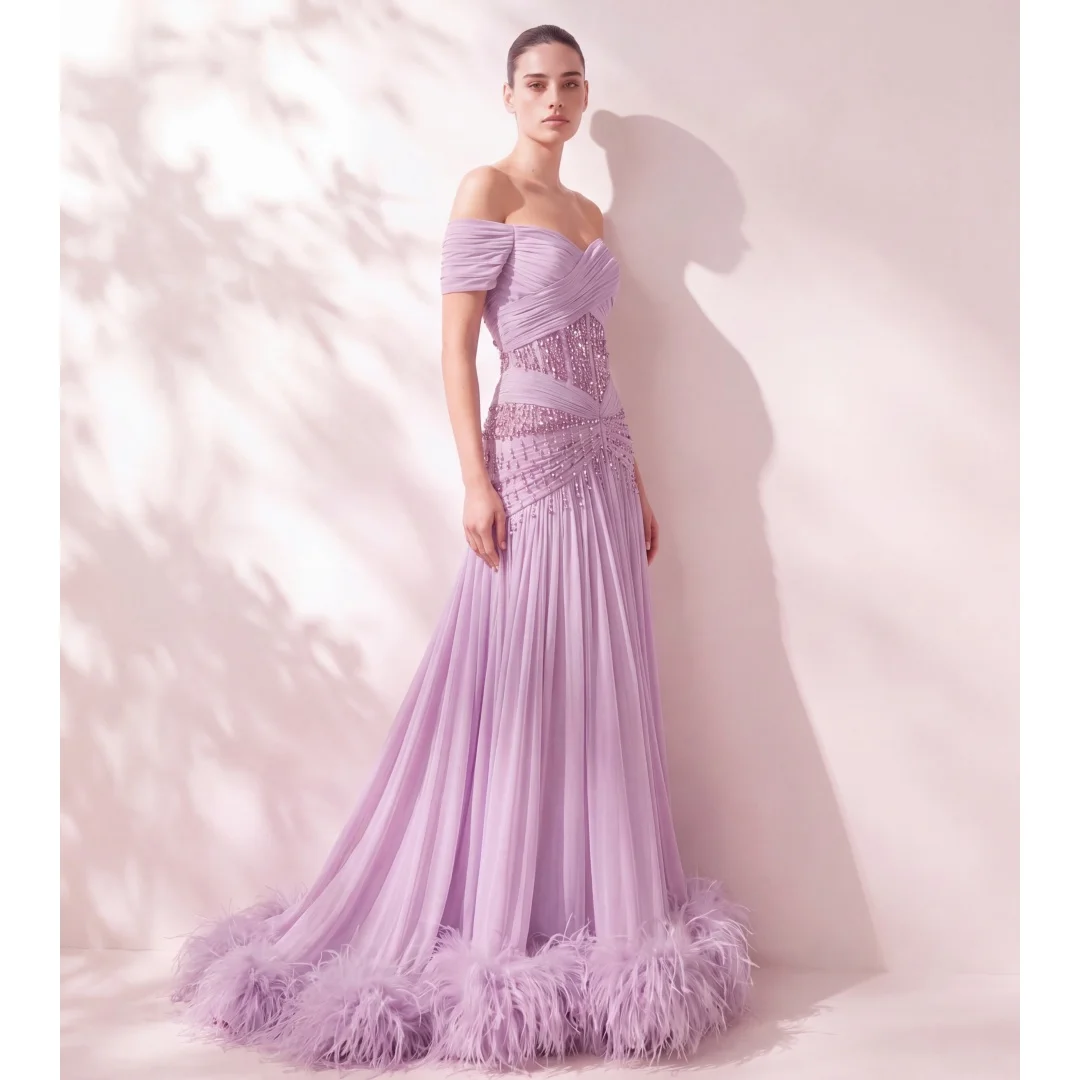 Off the Shoulder Evening Dresses Floor Length Feathers Beading Party Dress Plus Size Pleated Prom Gown Vestidos Customized