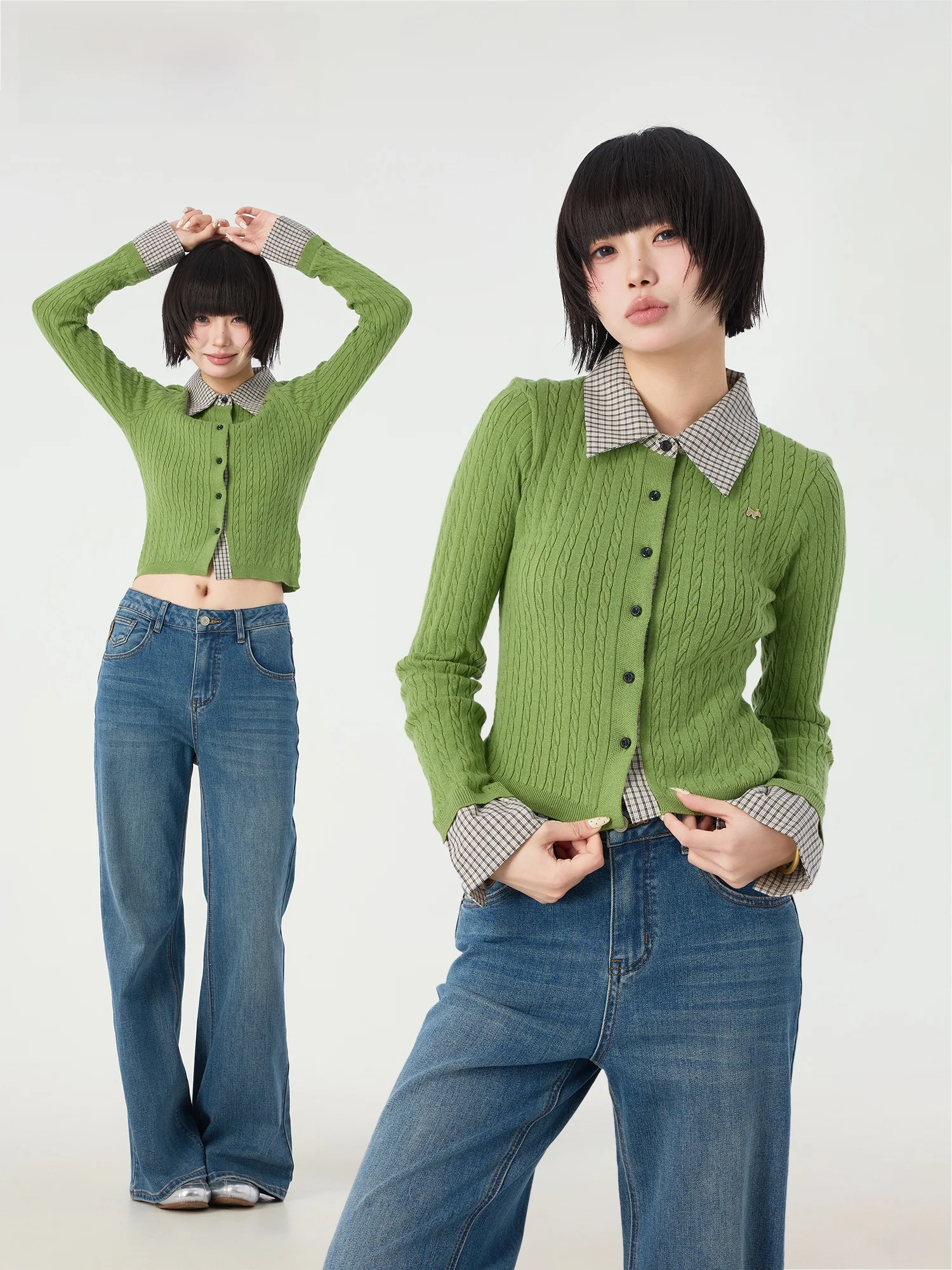 

Новый зимний вязаный свитер Didimax для женщин с отложным воротником в клетку, длинными рукавами и укороченным кардиганом