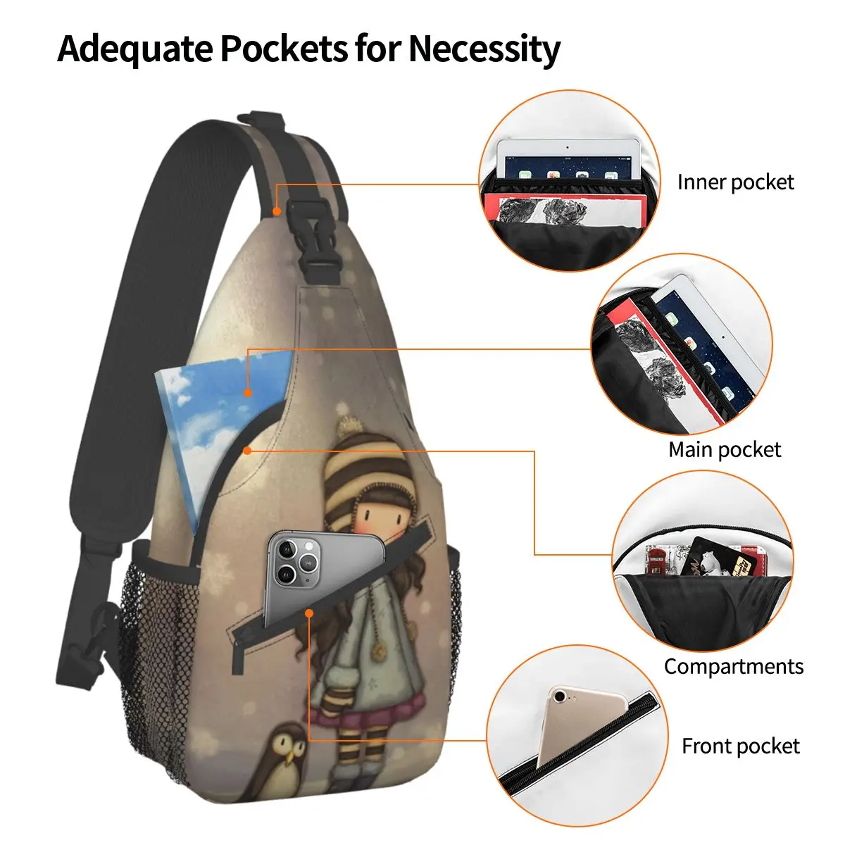 Santoro Gorjuss Boneca Crossbody Sling Sacos Pequeno Peito Bag Cartoon Ombro Mochila Mochila para Caminhadas Outdoor Camping Satchel