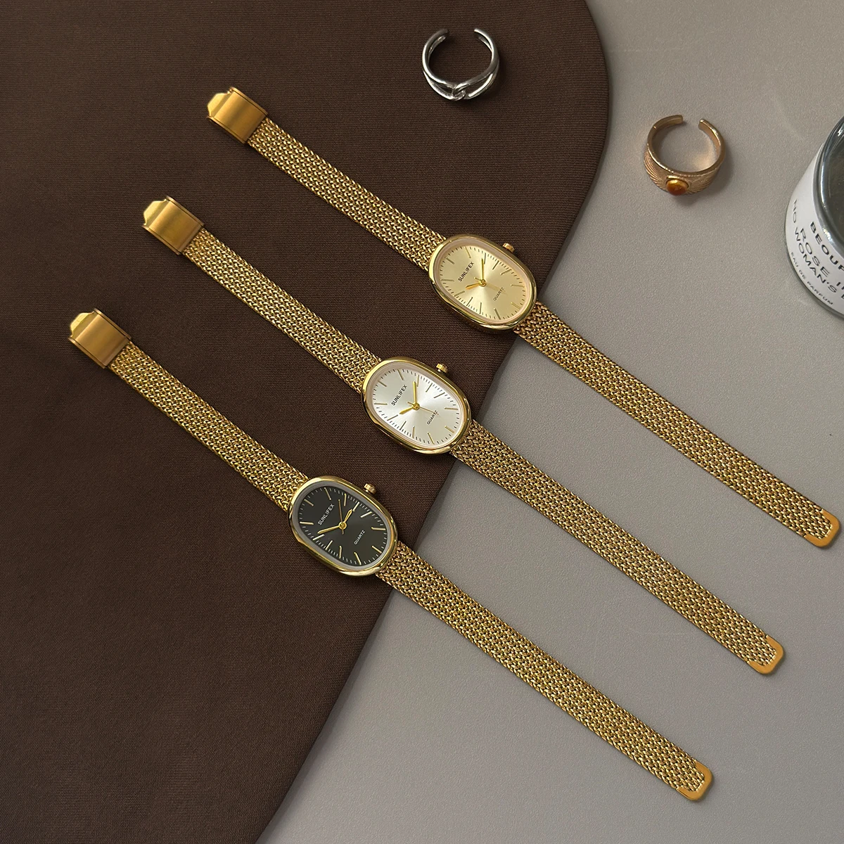 SUNLIFEX البيضاوي المرأة شبكة من الاستانلس استيل حزام ساعة فساتين راقية رقيقة جدا ساعات كوارتز بسيطة السيدات ساعات المعصم Reloj