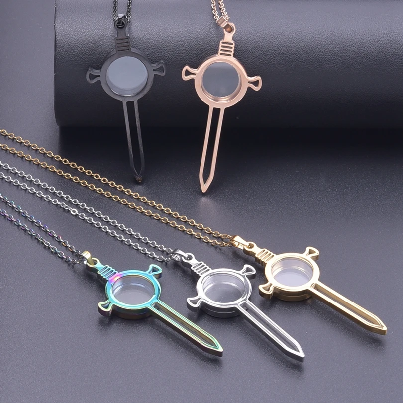 1Pc Stainless Steel Punk Men Sword Dagger Cross Floating Living Locket Pendant Necklaces Goth Women Relicario Collares Jewelry