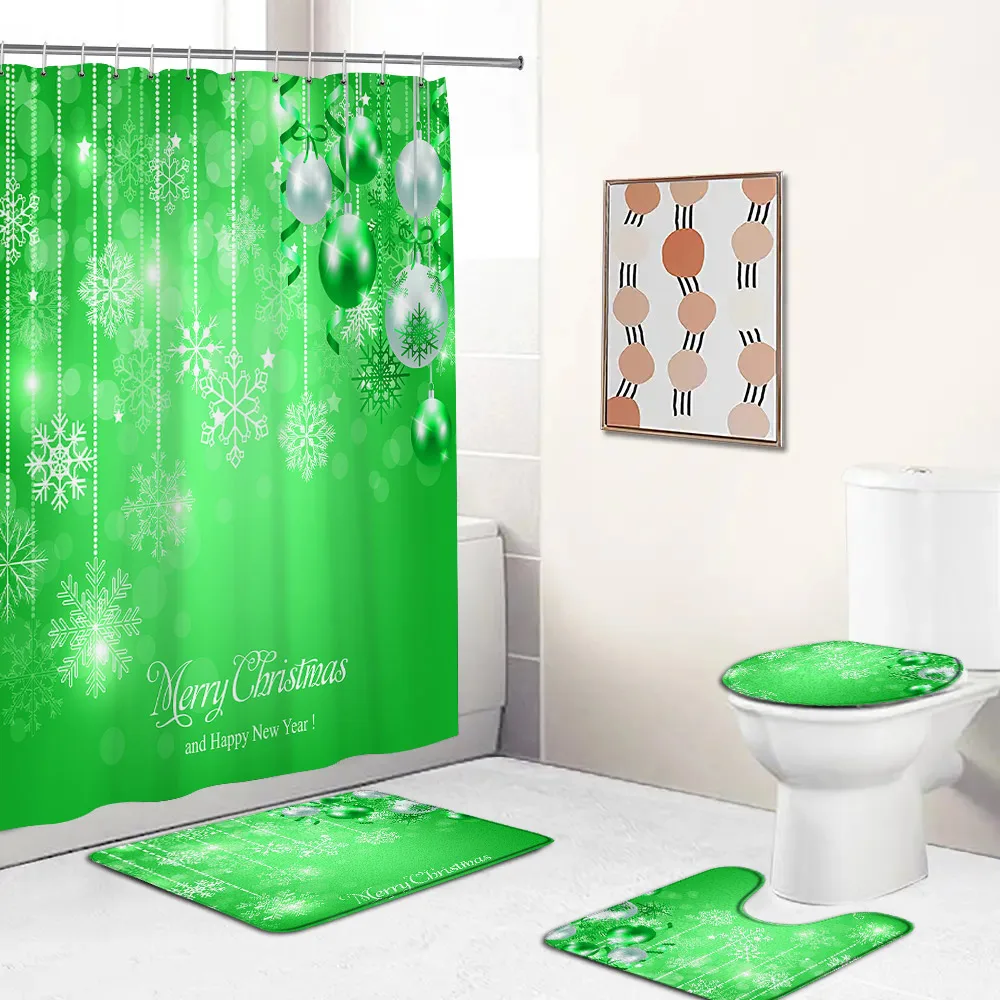 Christmas Shower Curtains Set Blue Rope Ball Snowflake Xmas New Year Home Bathroom Decor Bath Mats Non-Slip Rug Toilet Lid Cover