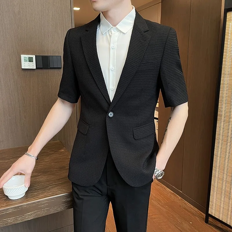 173 Men\'s casual three-quarter sleeve brown suit summer thin Korean style trendy slim short-sleeved suit