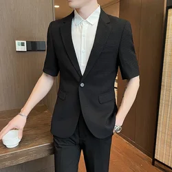 174 Men's casual three-quarter sleeve black suit summer thin Korean style trendy slim short-sleeved suit