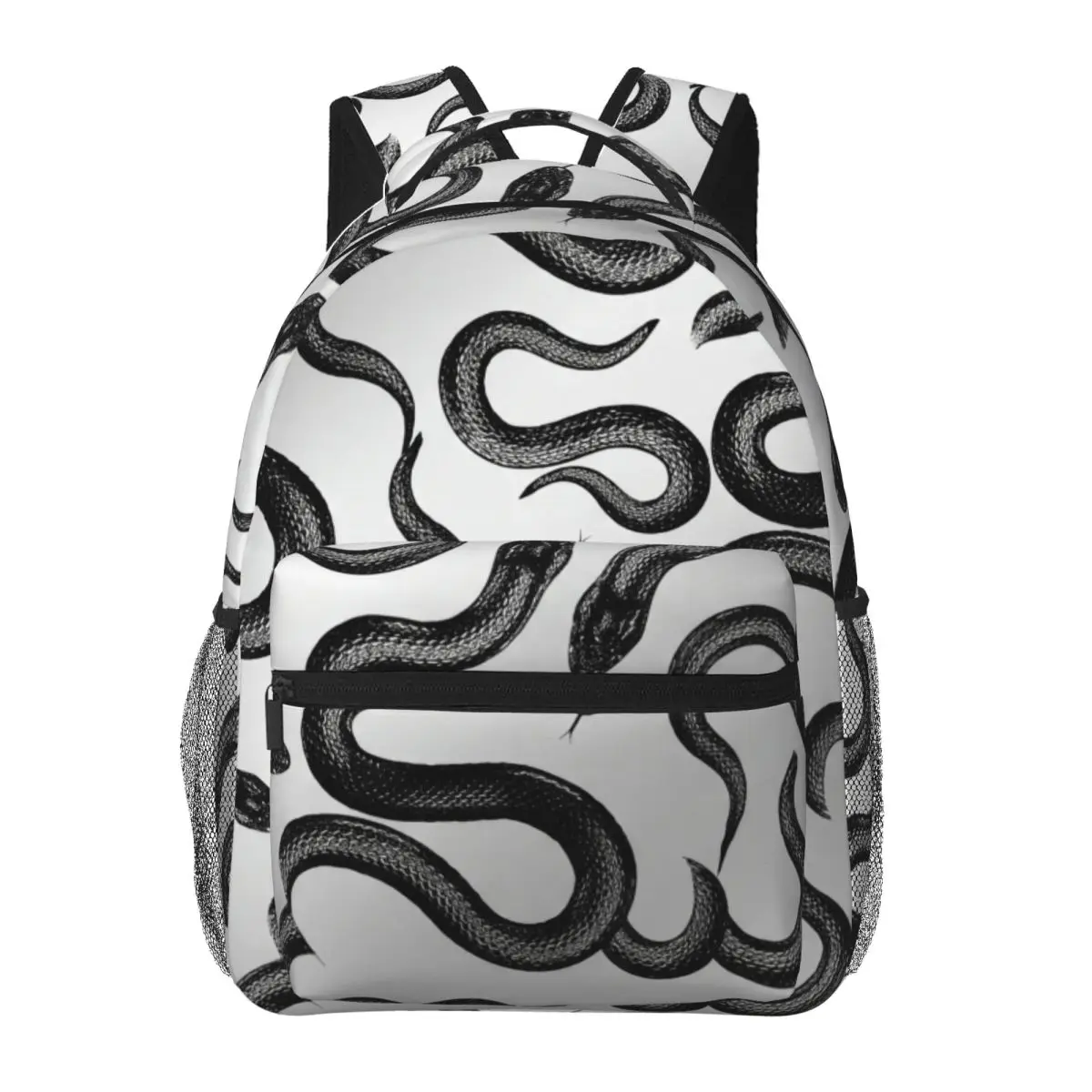 Cool Skull Student Backpack Allover Snake Metallic Aesthetic Metallic Silver Black Streetwear Bookbag for Teens College Travel