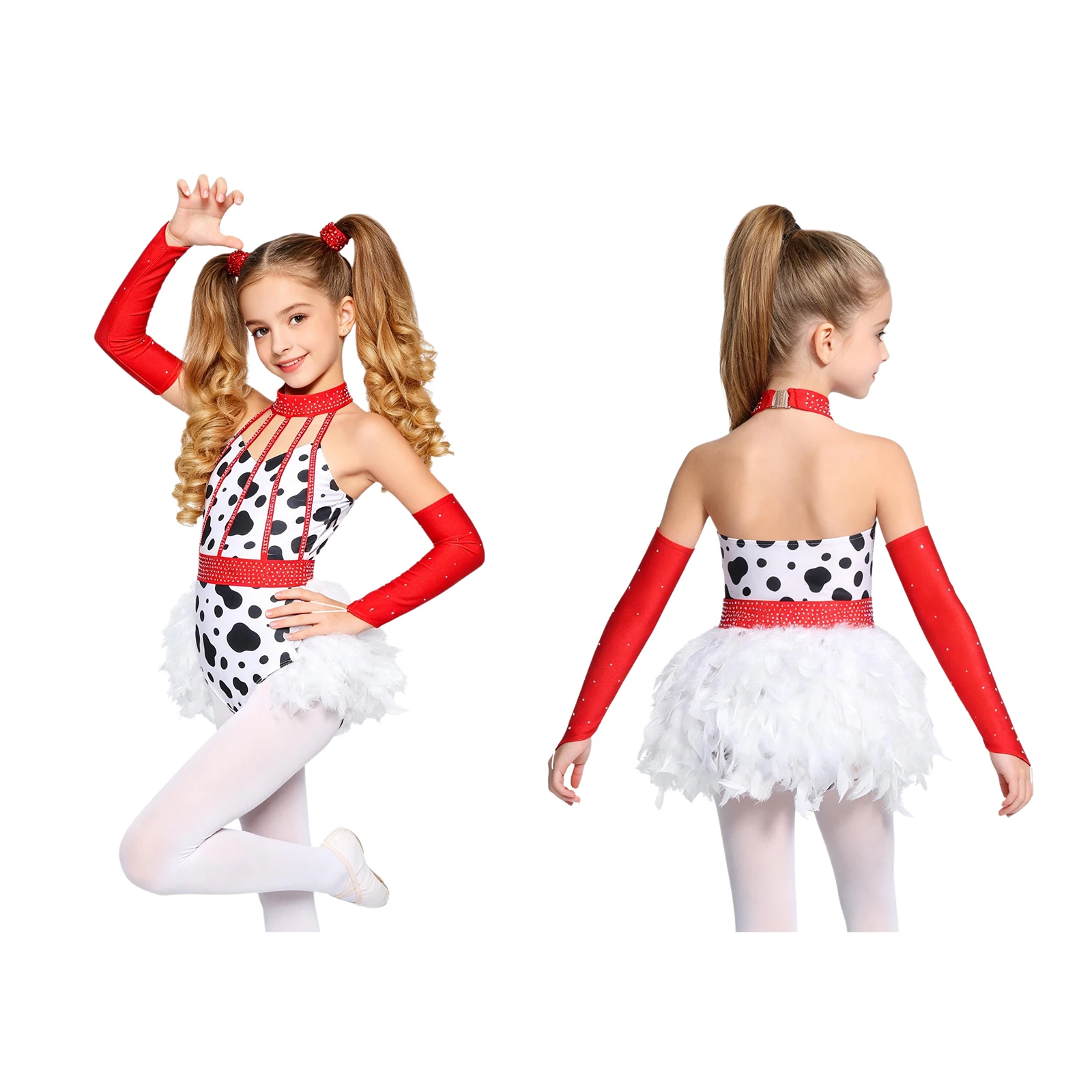 

Kids Jazz Disco Dance Costume Halter Neck Sparkly Rhinestone Patchwork Feather Bodysuit Gymnastics Jumpsuit with Oversleeves