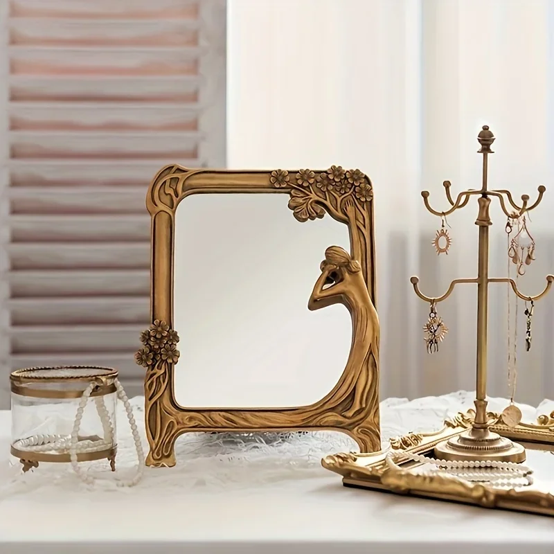 Miroir de maquillage rétro en résine pour femme de chambre, miroir de table en spanTable, décoration créative, décoration artisanale en résine, miroir mural, 1PC