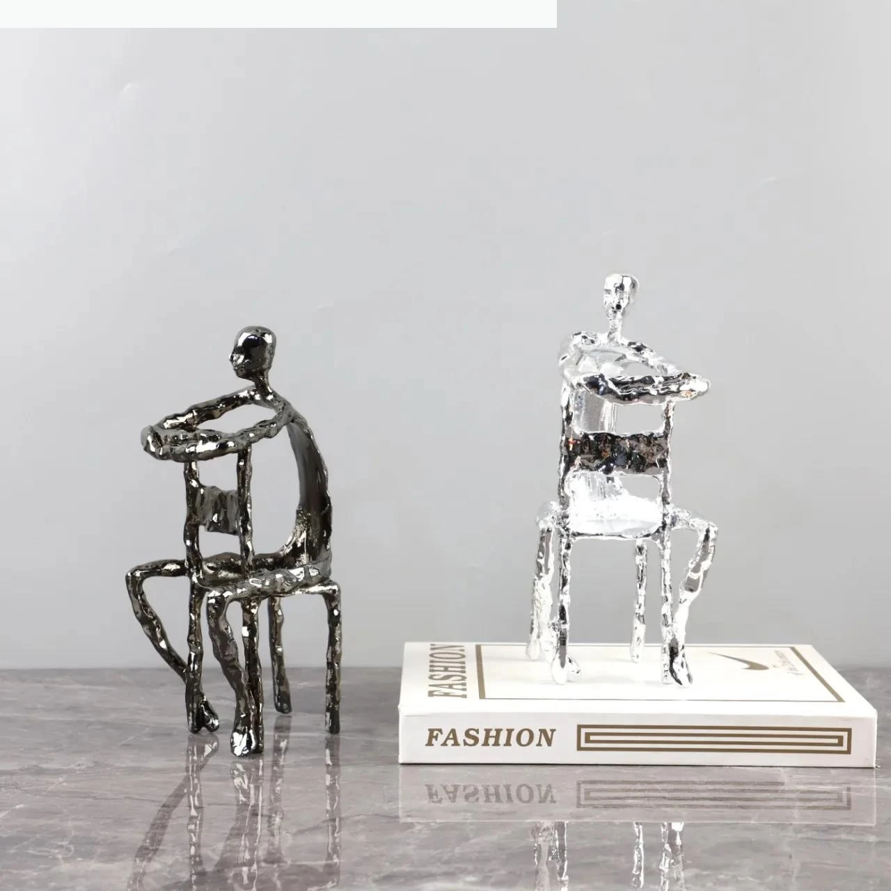 Abstract Human Metal Handicraft Chair Sculpture Silver Metal Man Chair Man Decorative Figurines Home Decoration