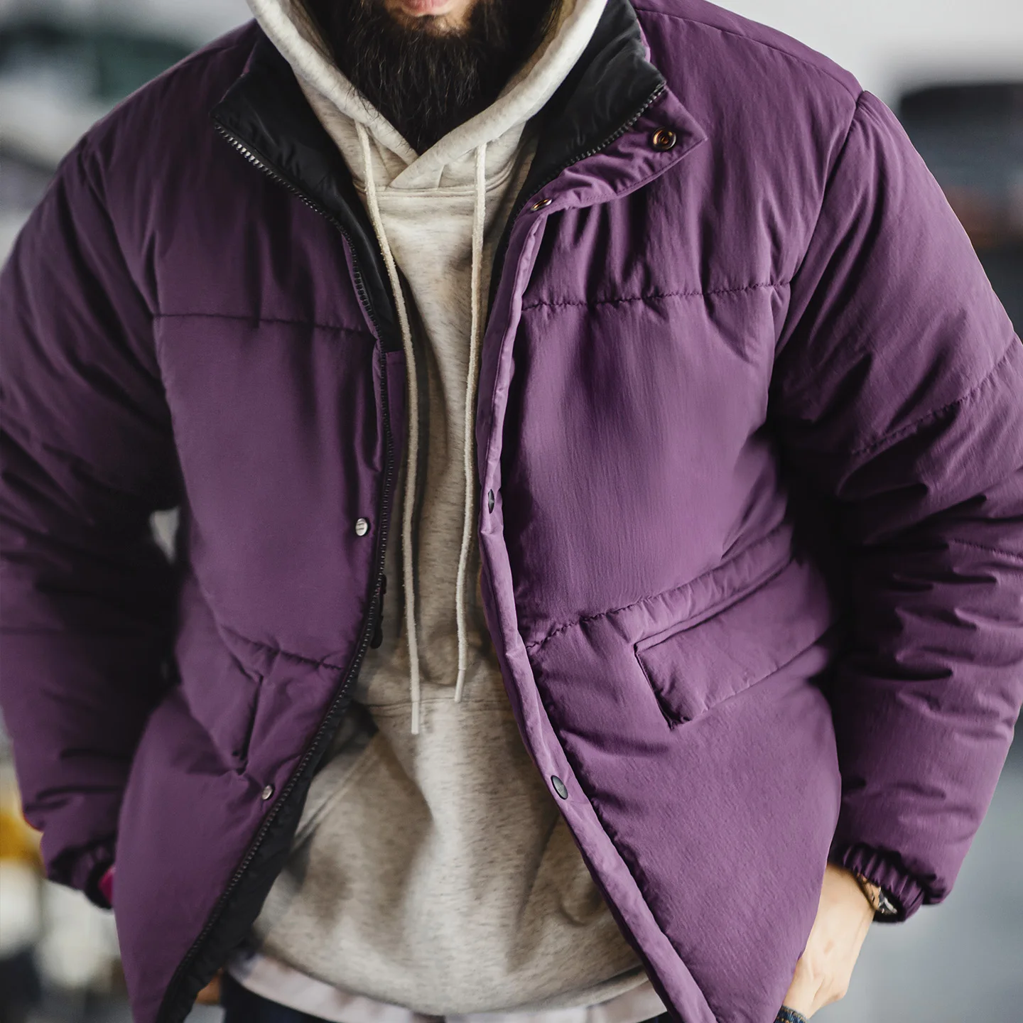 Maden Vintage Men's Reversible Thermal Jacket Water-Repellent Heavyweight Cotton Stand Collar Short Coat for Autumn Winter