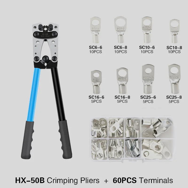 HX-50B Koperen Kabeloogklemtool, 6-50mm² (10-0AWG) Klemtool voor Aansluitklemmen, Geschikt voor SC OT Blanke Koperen Aansluitklemmen
