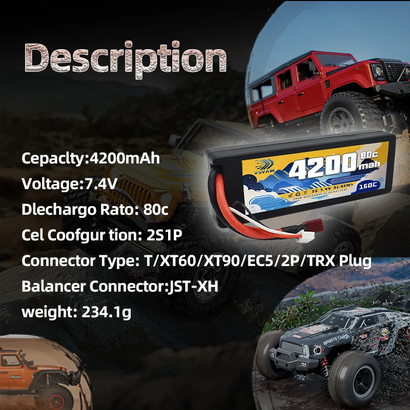 VSVAW 2S يبو بطارية 7.4 فولت 80C 4200 مللي أمبير هاردكيس T التوصيل ل 1/8 1/10 RC سيارة شاحنة خزان RC عربات التي تجرها الدواب العربيات RC طائرة سباق أجزاء #3