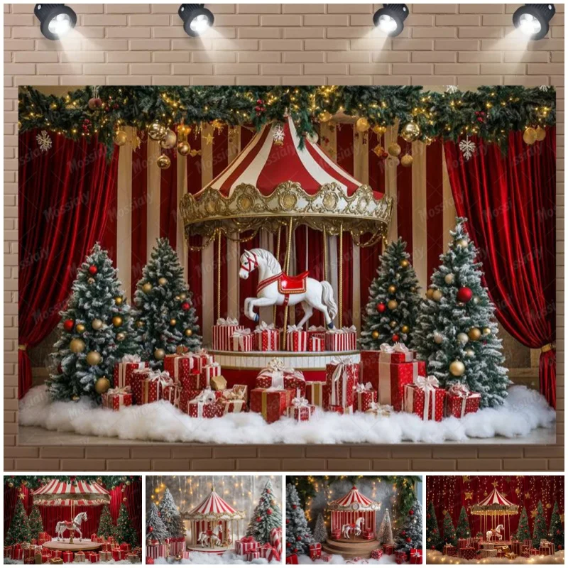 Frohe Weihnachten Fotografie-Hintergrund Zirkus Karussell Wald Weihnachtsbaum Kinder Familienporträt Party-Dekoration Fotohintergrund Fotostudio
