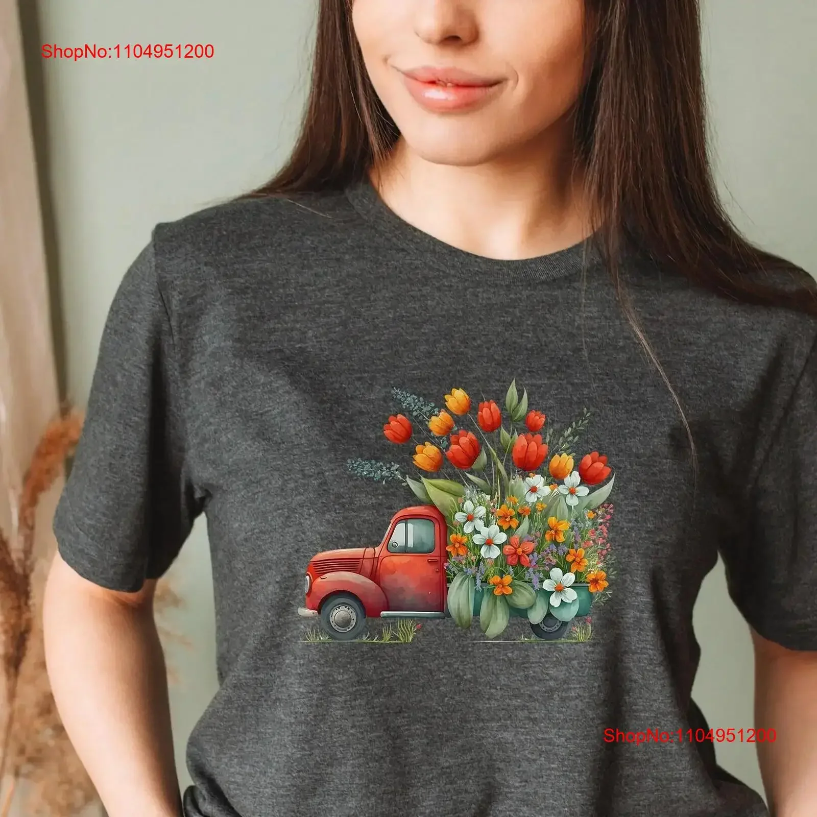 

Весенняя футболка с цветочным принтом «грузовик» Ферма Свежие цветы Тюльпаны с семью Hello винтажная стираная повседневная дышащая дизайнерская одежда
