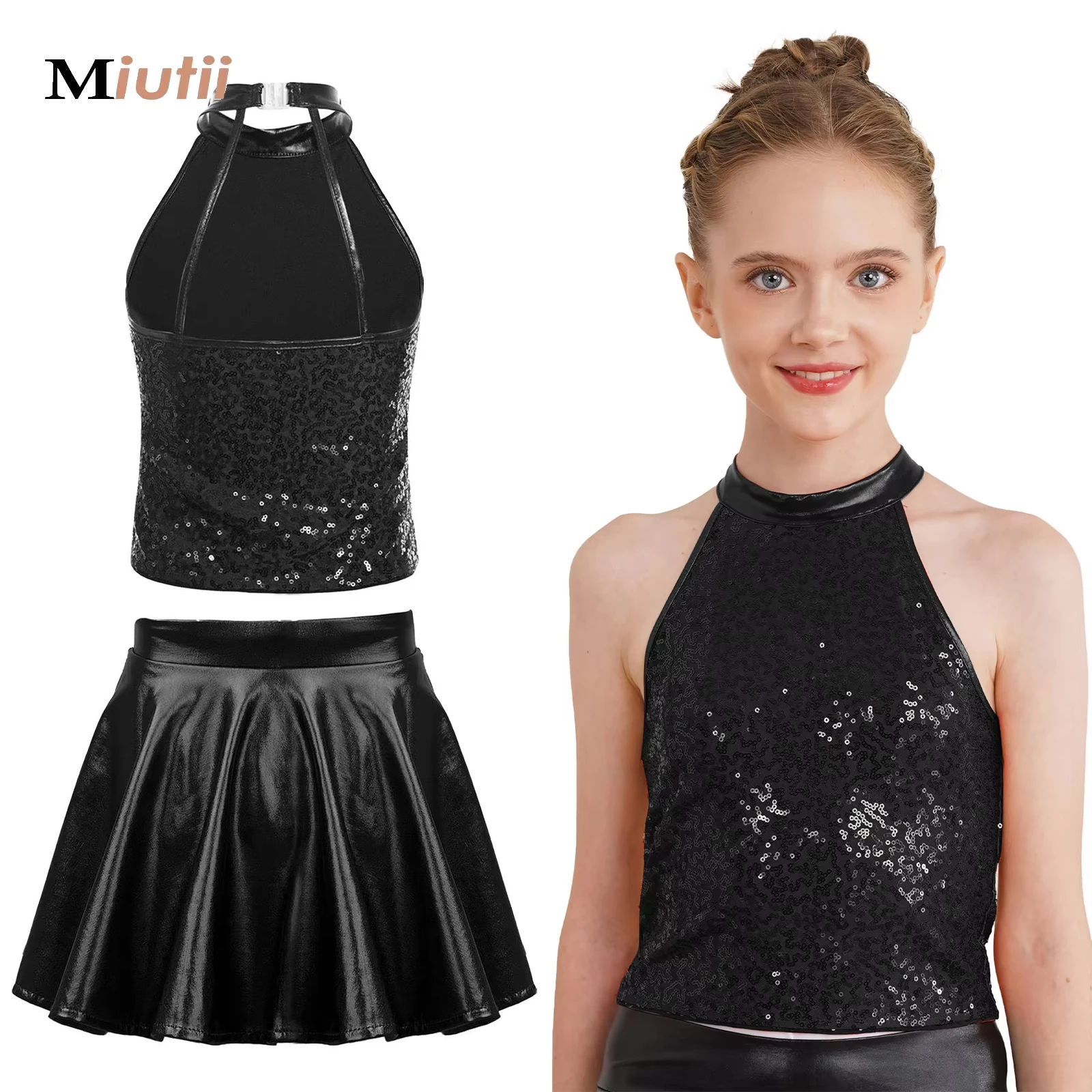 Menina trajes de dança jazz criança lantejoulas hip hop palco dança meninas moderno salão de baile cheerleading topo colheita com saia metálica 2 pçs