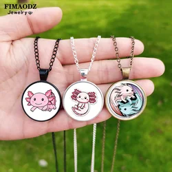 New Cute Axolotl Necklace Boys Girls Cartoon Animal Art Photo Glass Cabochon Pendant Exquisite Women Chain Jewelry Birthday Gift
