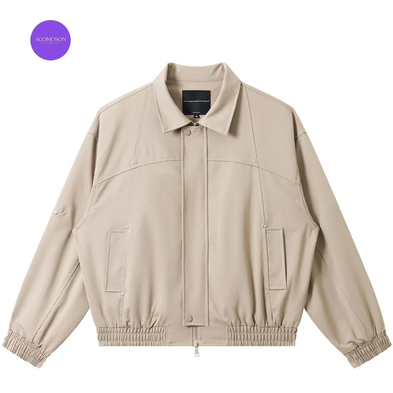ACOMOSON EU US Size Retro Rivet Casual Jacket Travel Holiday Camp Unisex Loose Fit Stylish Relaxed Outdoor Work Jacket