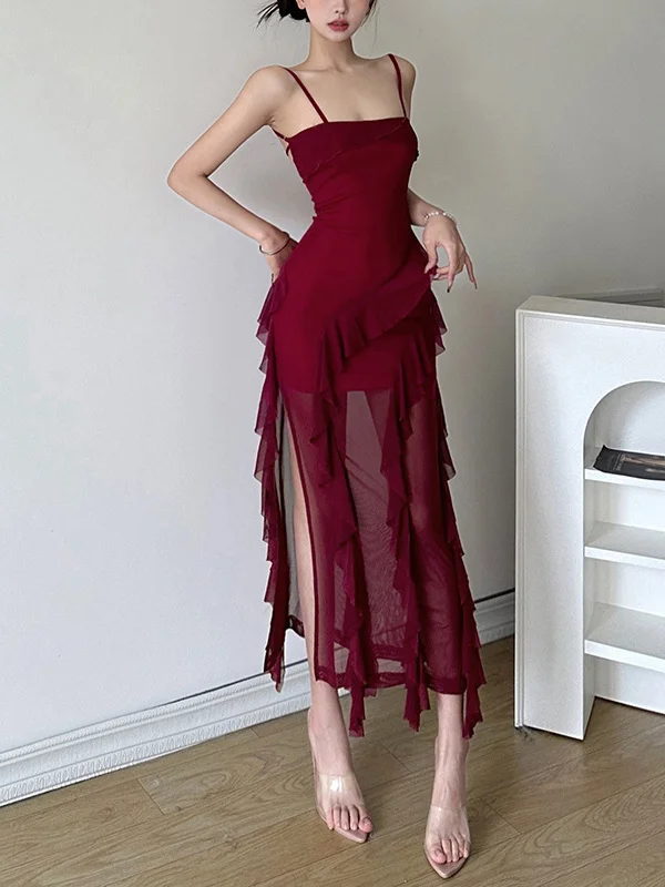 ピュアレッド スリムフィット ストラップ付き ドクターサマー ヴァイオン レディース ロングスカート アシンメトリー スリット ビーチ ホリデー ガウン ハイウエスト カットアウト