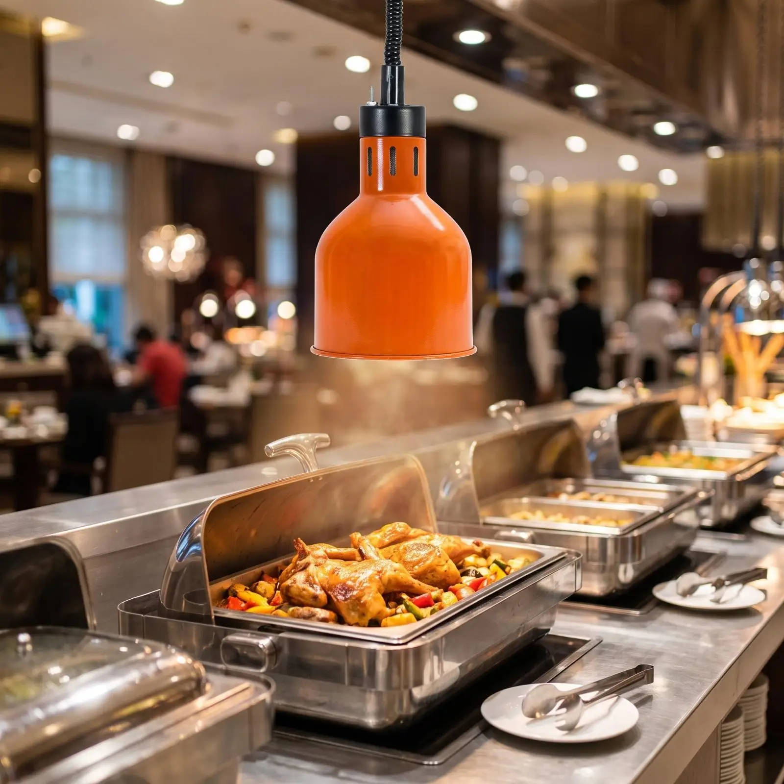 Commercial Grade Overhead Food Warmer with Metal Dome Reflector and Black Mount for Cafeteria Buffet Catering Use