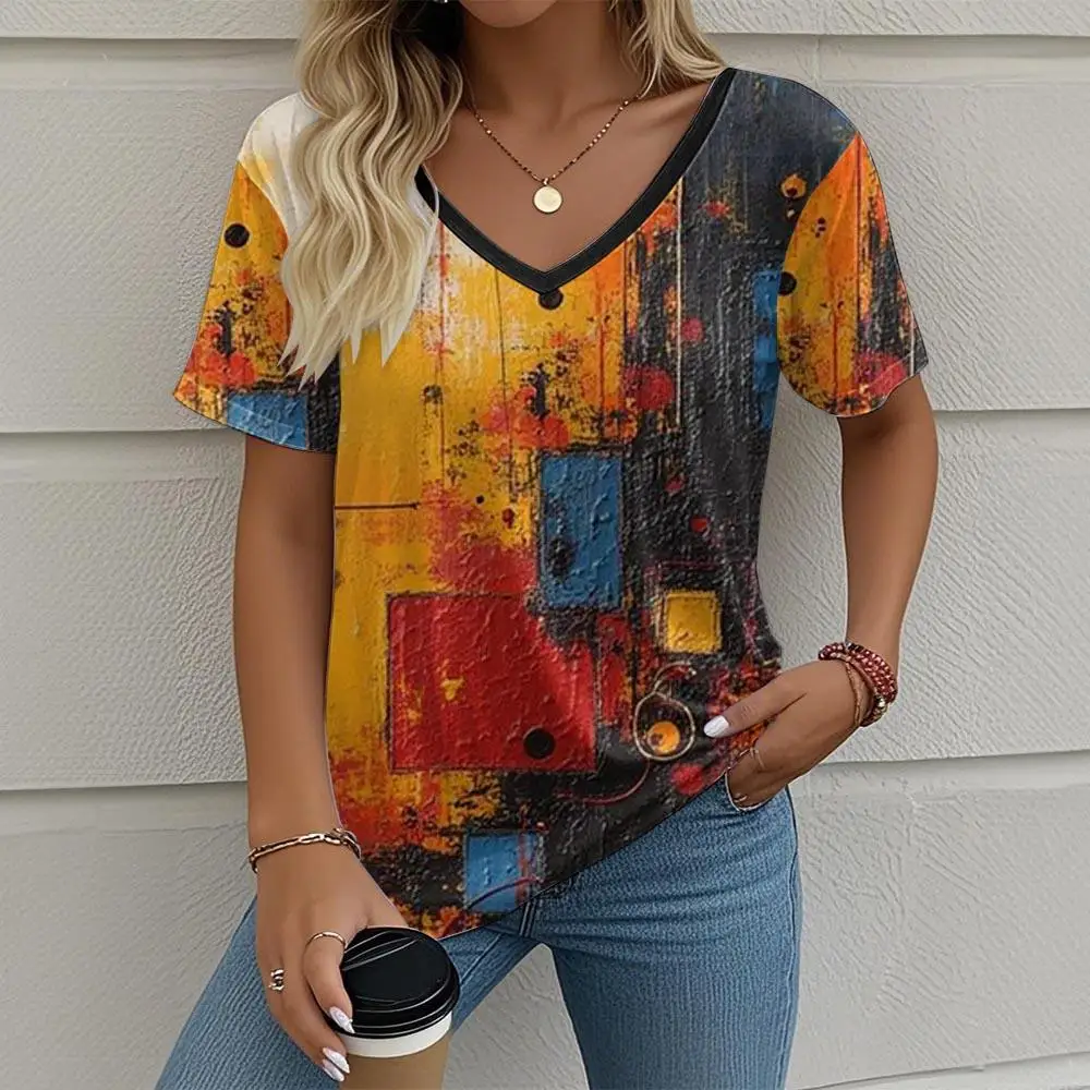 Women's T-Shirt Oil Painting Architectural Graphics Retro Fashion Classic Casual Oversized V-Neck Summer Women's Clothing