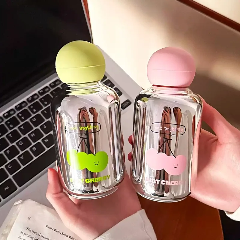 

Cute Cherry Glass Cup with Lid for Coffee Juice Tea Cute Mini Glass Water Bottle Portable Leak-proof Woman Glass Tumbler Gift