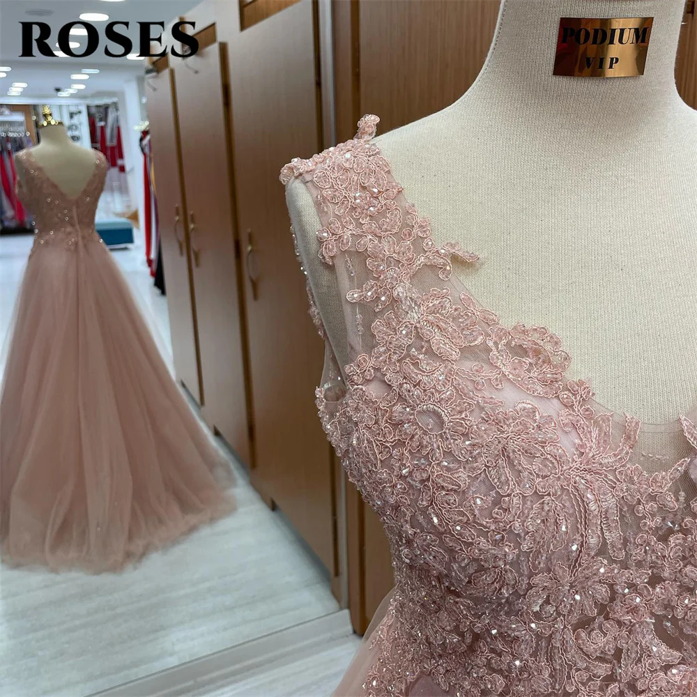 ROSES Tank V Neck Long Party Dresses Vintage Appliques Lace Prom Gown A Line Celebrity Dress with Beading robe de bal Customized