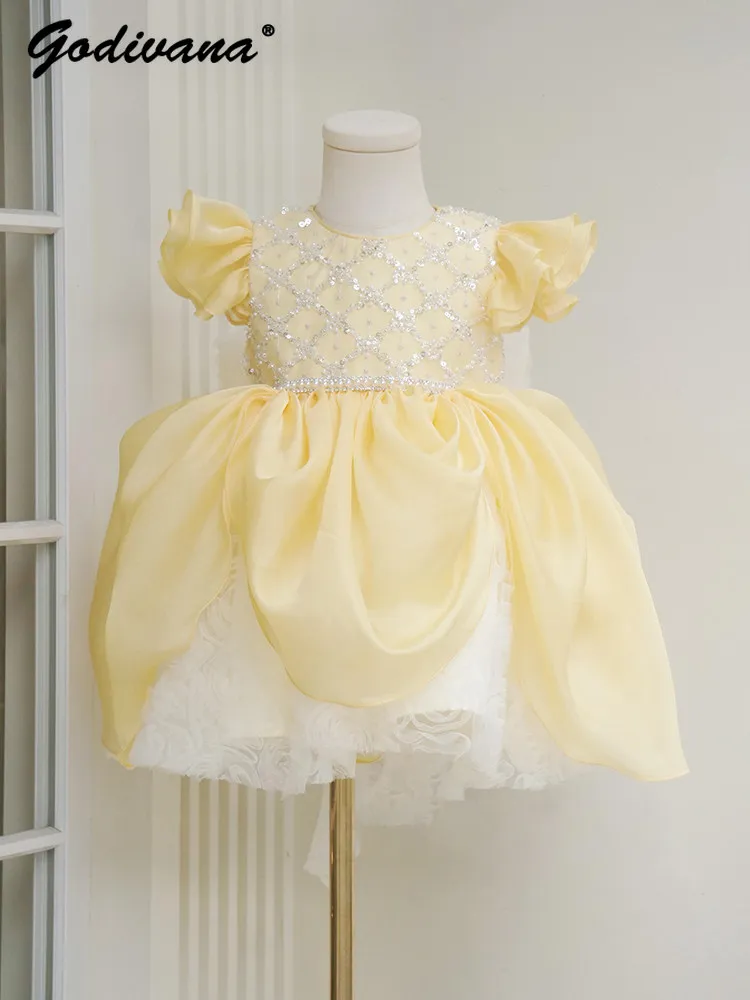 Baby Girls High End Heavy Birthday Party Yellow Princess Dress 2026 New Summer Childrens Puff Sleeve Pearls Lace Mesh Ball Gown